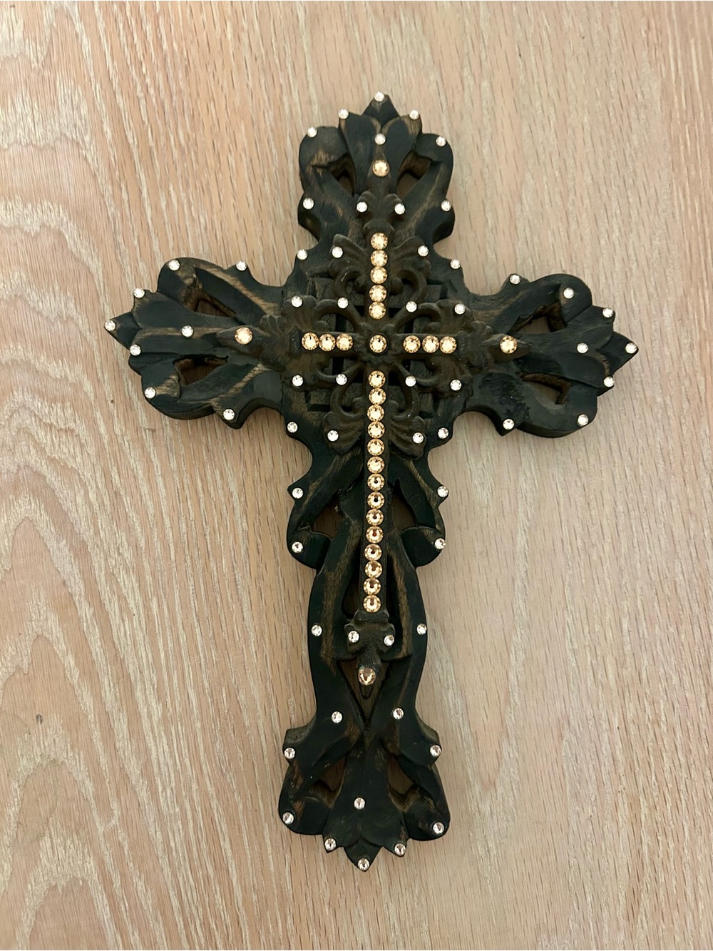 Black Decorative Wall Cross with Gold Rhinestone Cross Accent